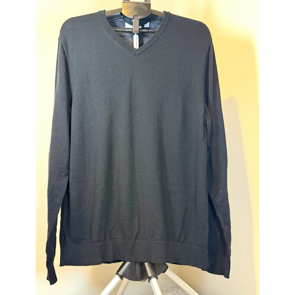 Calvin Klein Men’s XL Black Solid Knit Merino Wool V-Neck Pullover Sweater